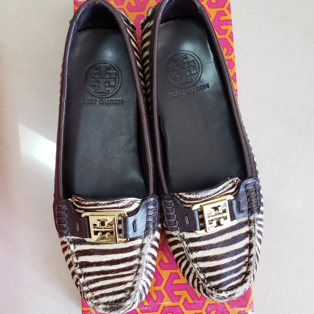 Tory Burch Kendrick Driver Loafers Flats - Zebra Pony - Size 5.5 US